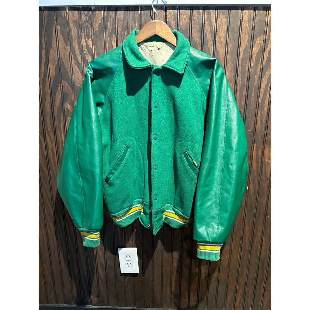 Vintage Green Varsity Jacket Wool Faux Leather Sleeves Striped Trim Mens Large